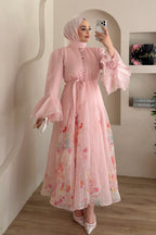 Iris Floral Print Flare Sleeve Belted Midi Dress-Pink