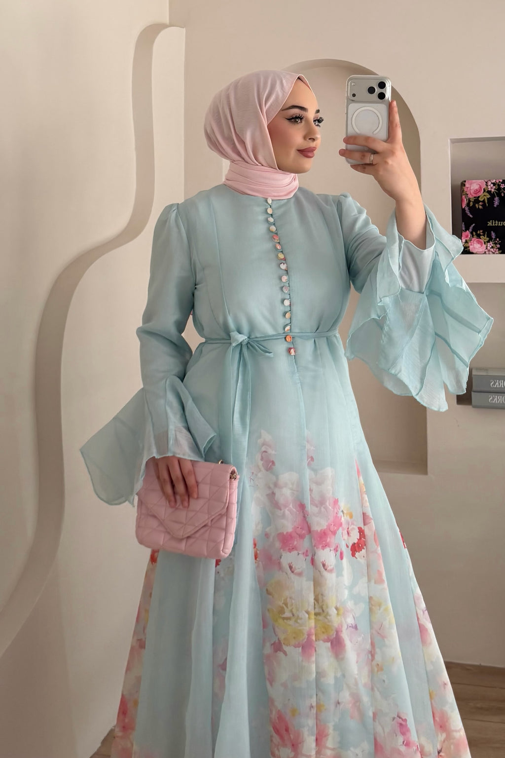 Iris Floral Print Flare Sleeve Belted Midi Dress-Blue