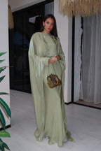 Lina Satin Cape Sleeve Flowy Maxi Abaya-Green