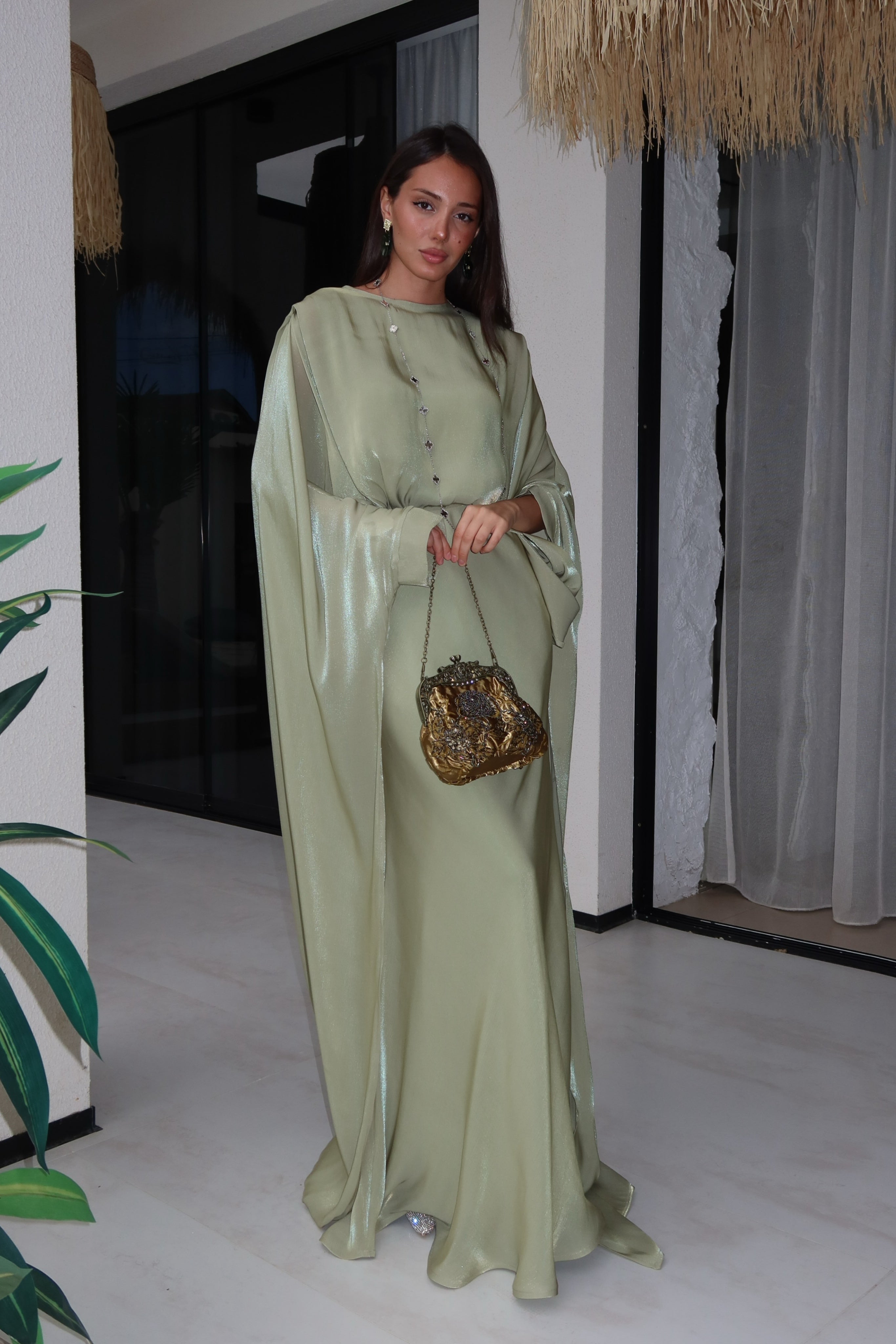 Lina Satin Cape Sleeve Flowy Maxi Abaya-Green