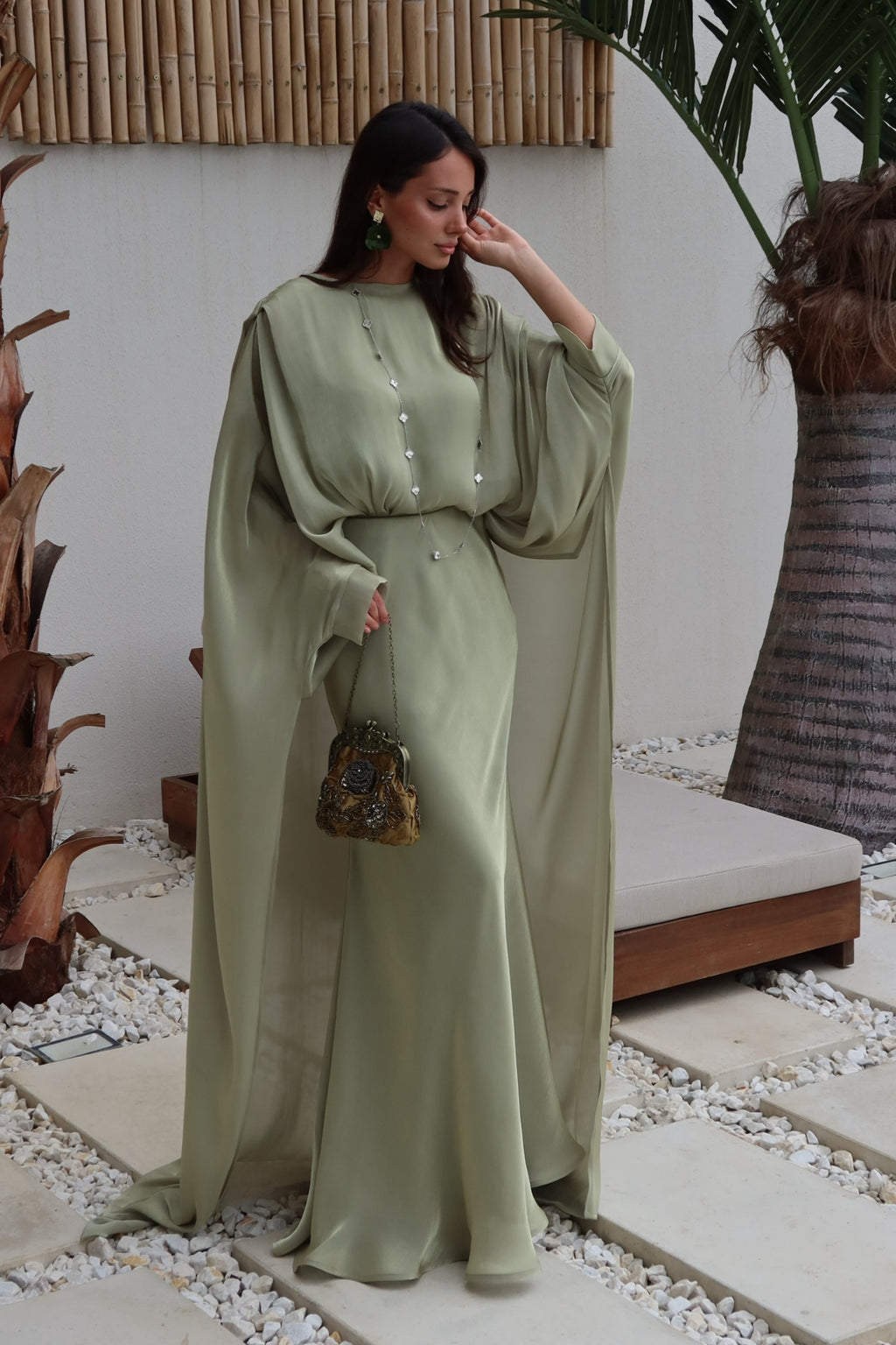 Lina Satin Cape Sleeve Flowy Maxi Abaya-Green