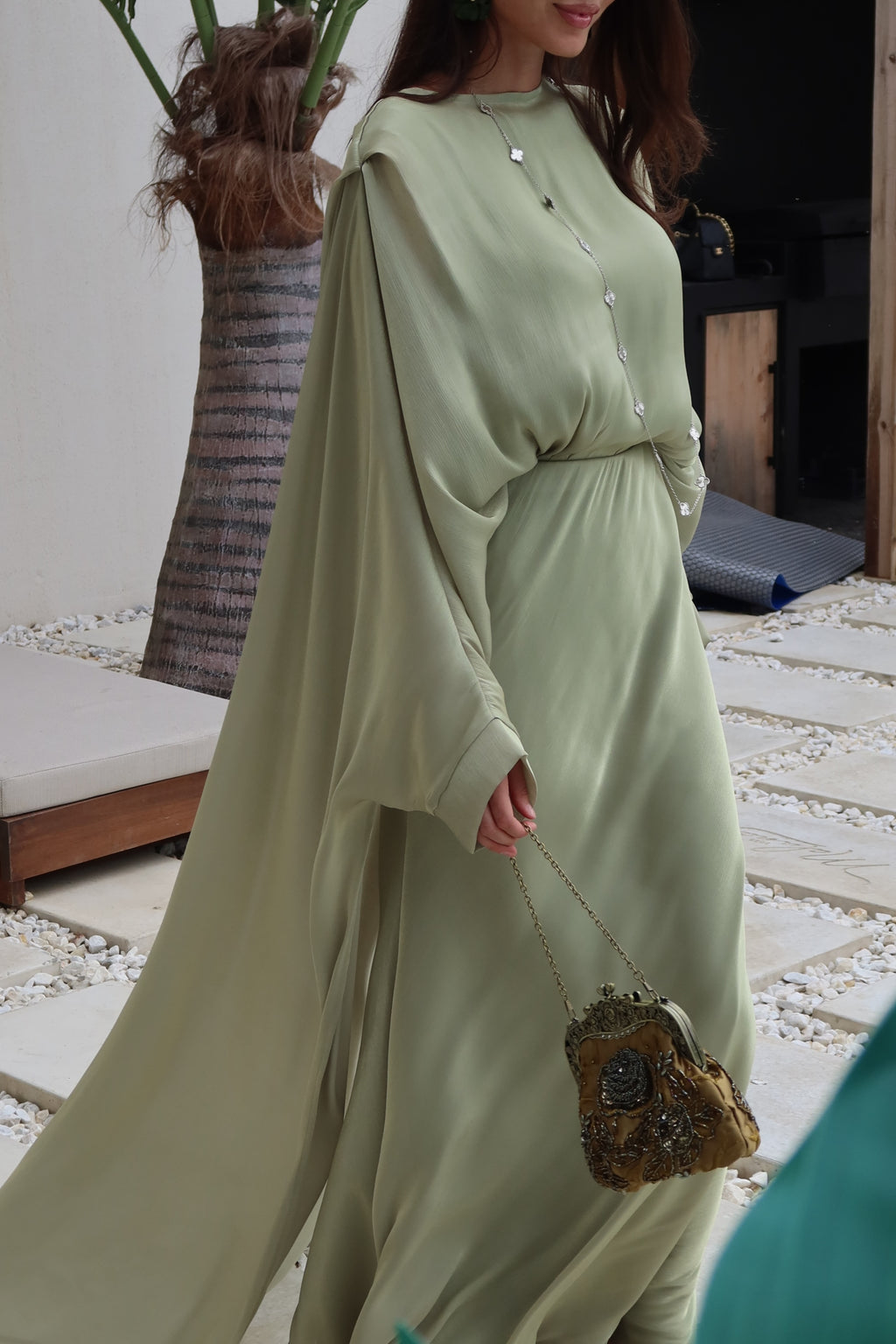 Lina Satin Cape Sleeve Flowy Maxi Abaya-Green