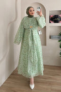 Zahra Botanical Twist Front Chiffon Midi Dress-Green