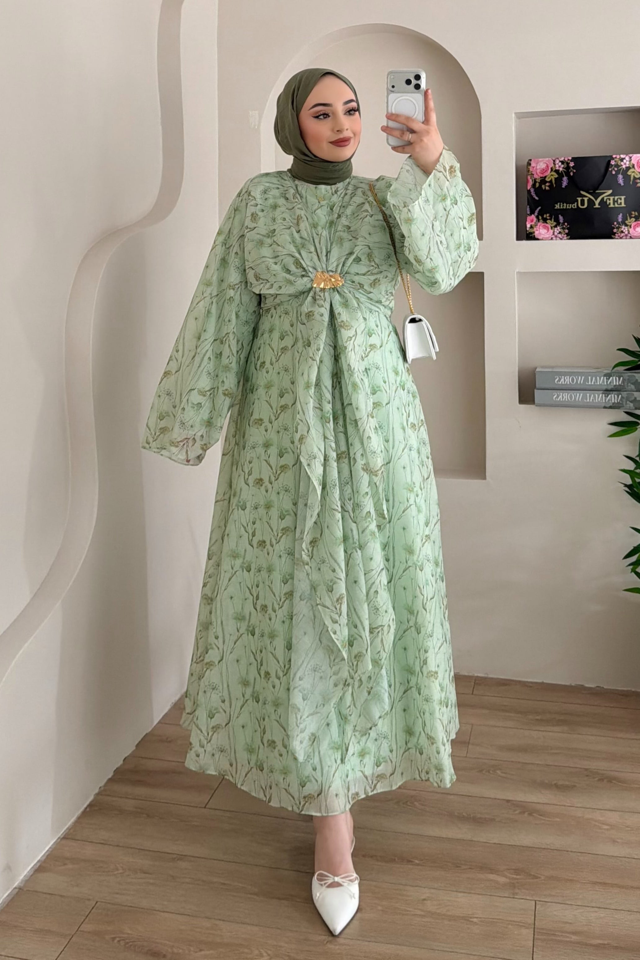 Zahra Botanical Twist Front Chiffon Midi Dress-Green