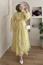 Zahra Botanical Twist Front Chiffon Midi Dress-Yellow