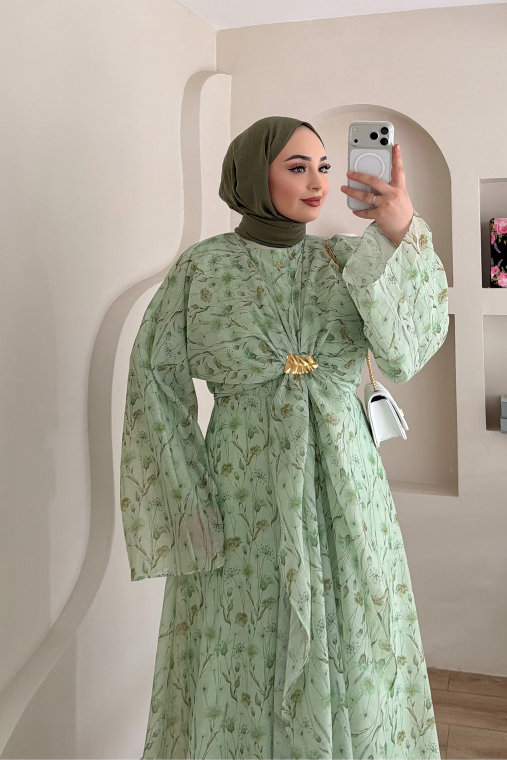 Zahra Botanical Twist Front Chiffon Midi Dress-Green