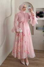 Iris Floral Print Flare Sleeve Belted Midi Dress-Pink