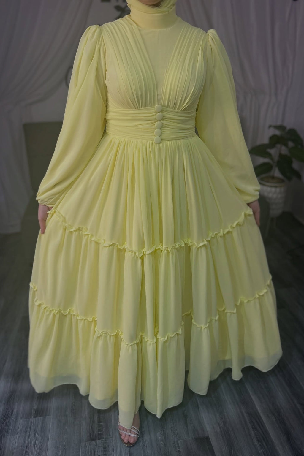 Sofia Pleated Waist Tiered Chiffon Gown
