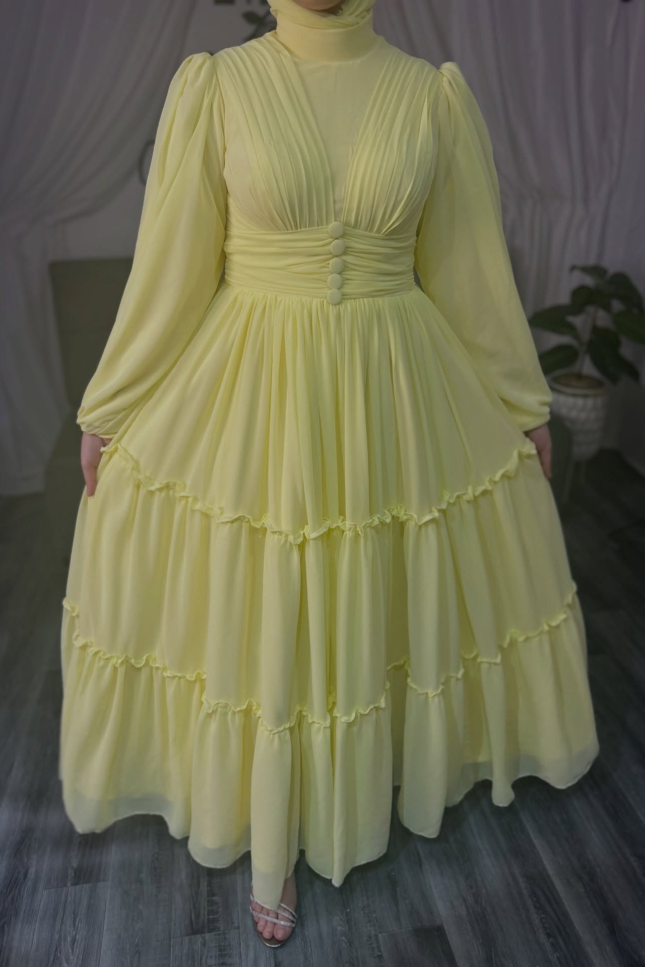 Sofia Pleated Waist Tiered Chiffon Gown