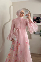 Iris Floral Print Flare Sleeve Belted Midi Dress-Pink