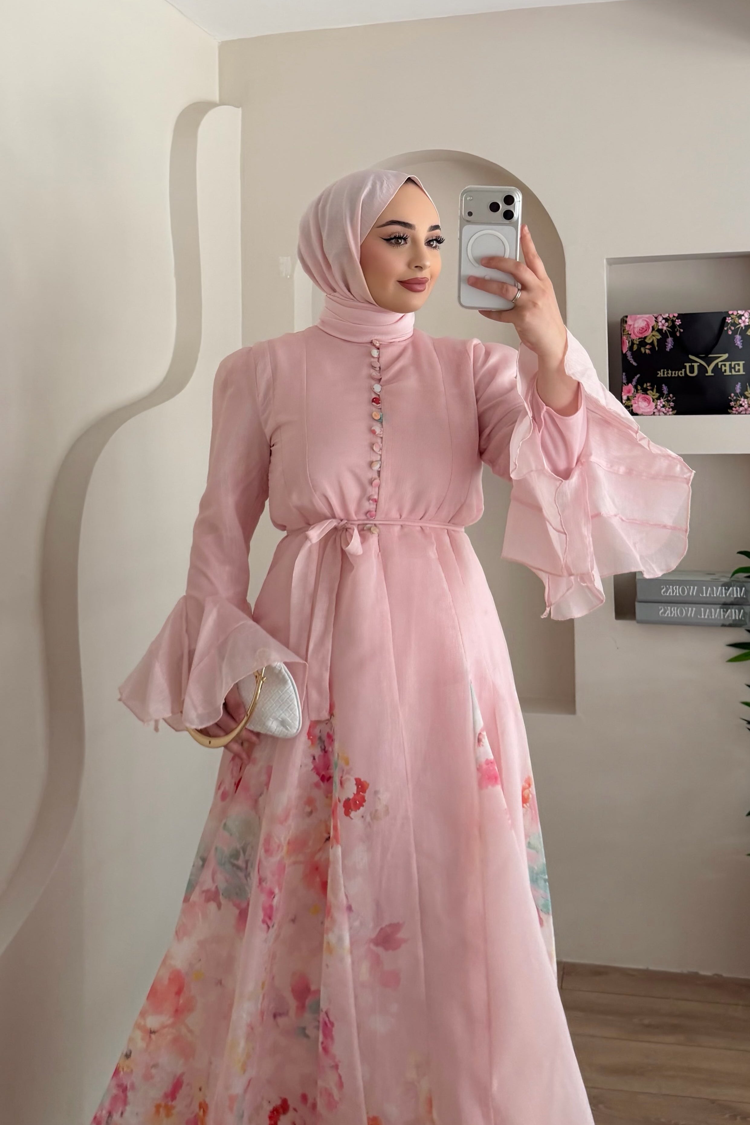 Iris Floral Print Flare Sleeve Belted Midi Dress-Pink