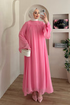 Mia Gathered Chiffon Belted Flare Maxi Dress-Pink
