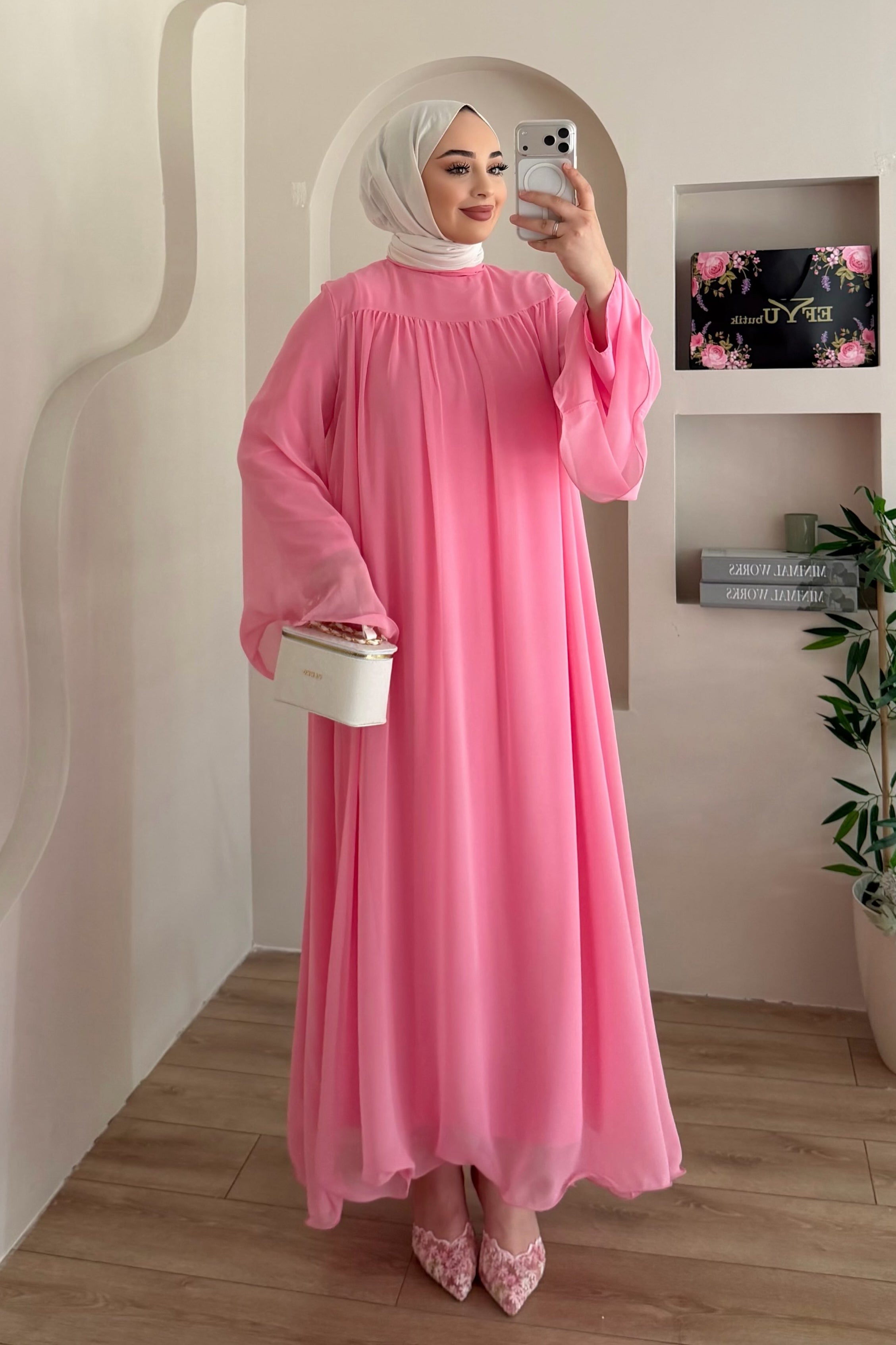 Mia Gathered Chiffon Belted Flare Maxi Dress-Pink