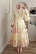 Iris Floral Print Flare Sleeve Belted Midi Dress-Yellow