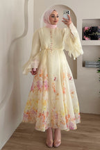 Iris Floral Print Flare Sleeve Belted Midi Dress-Yellow