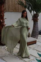 Lina Satin Cape Sleeve Flowy Maxi Abaya-Green