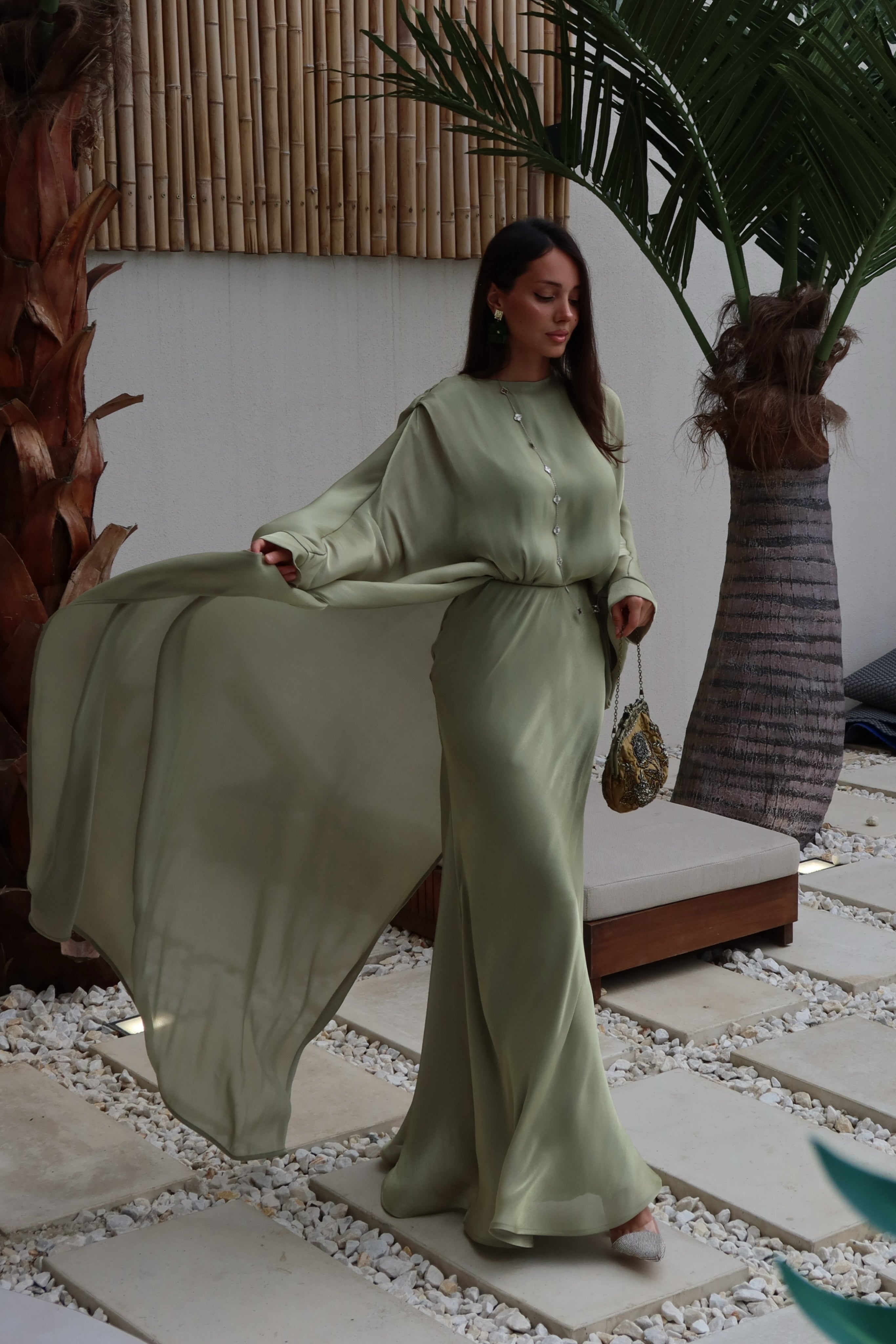 Lina Satin Cape Sleeve Flowy Maxi Abaya-Green