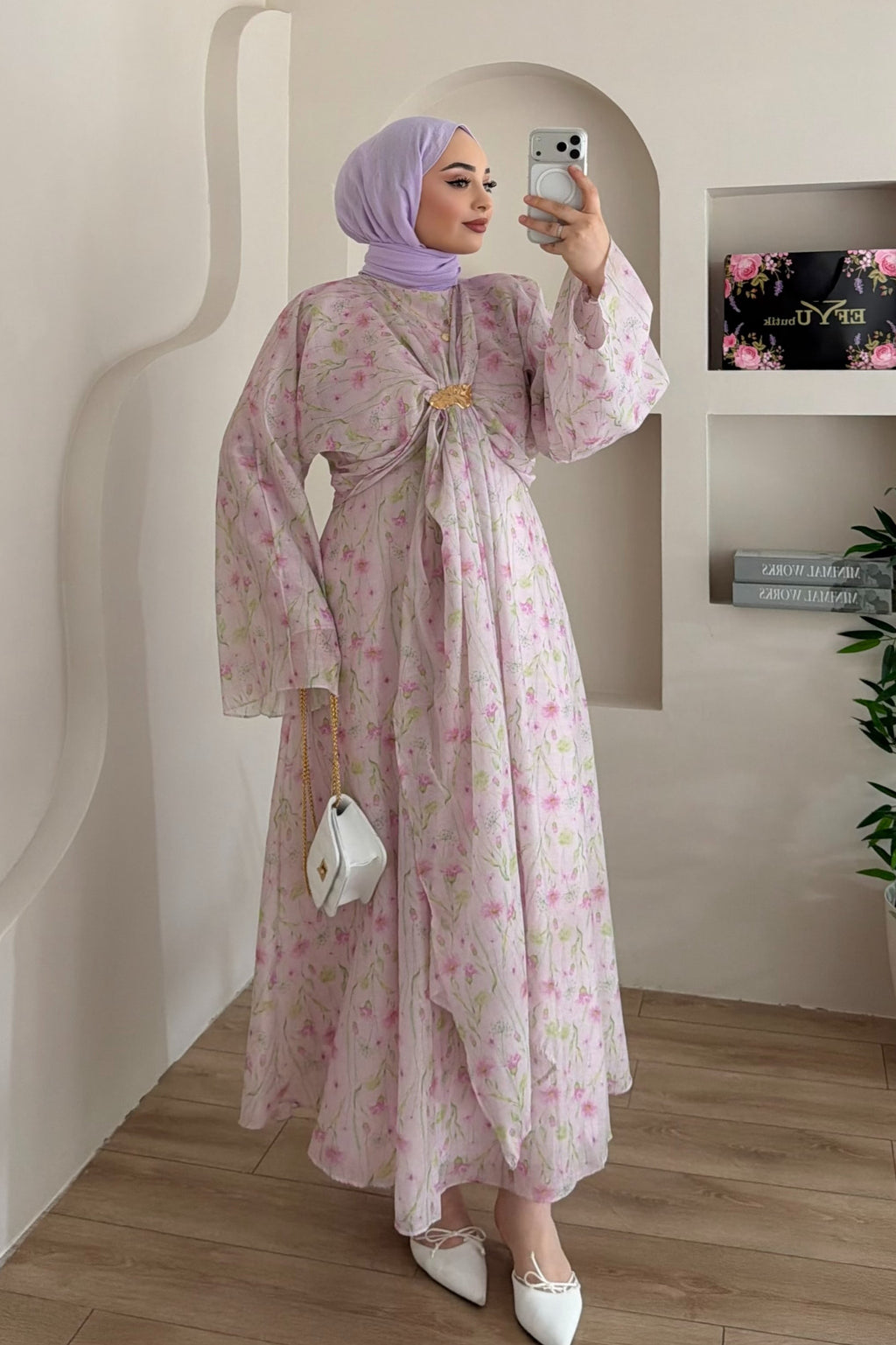 Zahra Botanical Twist Front Chiffon Midi Dress-Pink