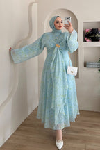Zahra Botanical Twist Front Chiffon Midi Dress-Blue