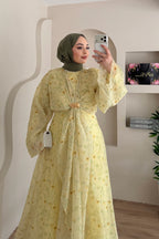 Zahra Botanical Twist Front Chiffon Midi Dress-Yellow