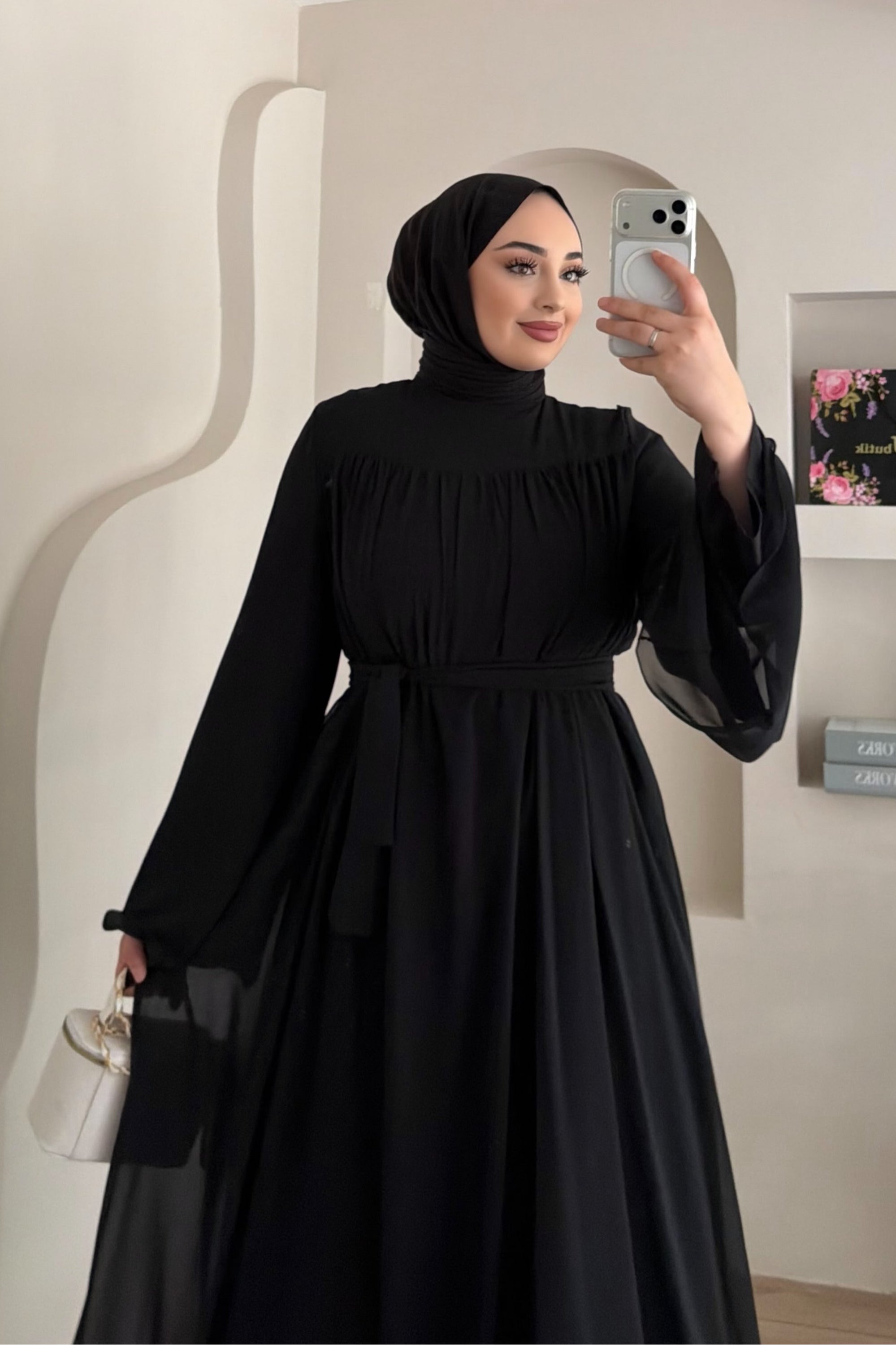 Mia Gathered Chiffon Belted Flare Maxi Dress-Black