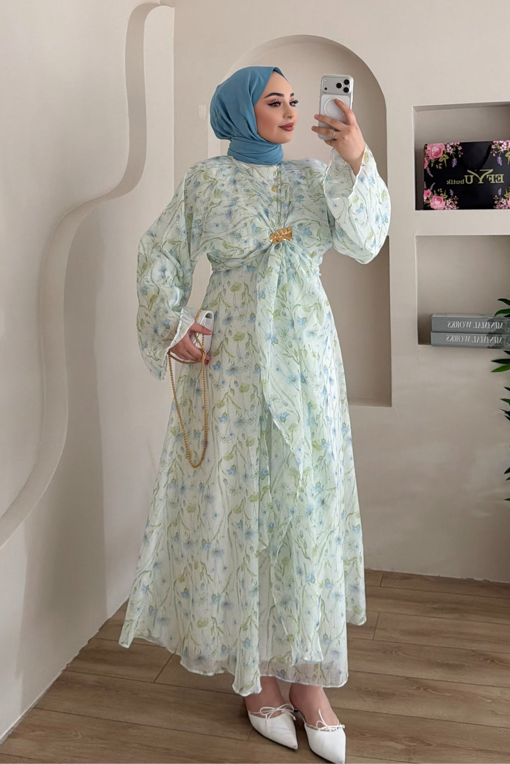 Zahra Botanical Twist Front Chiffon Midi Dress-LightGreen