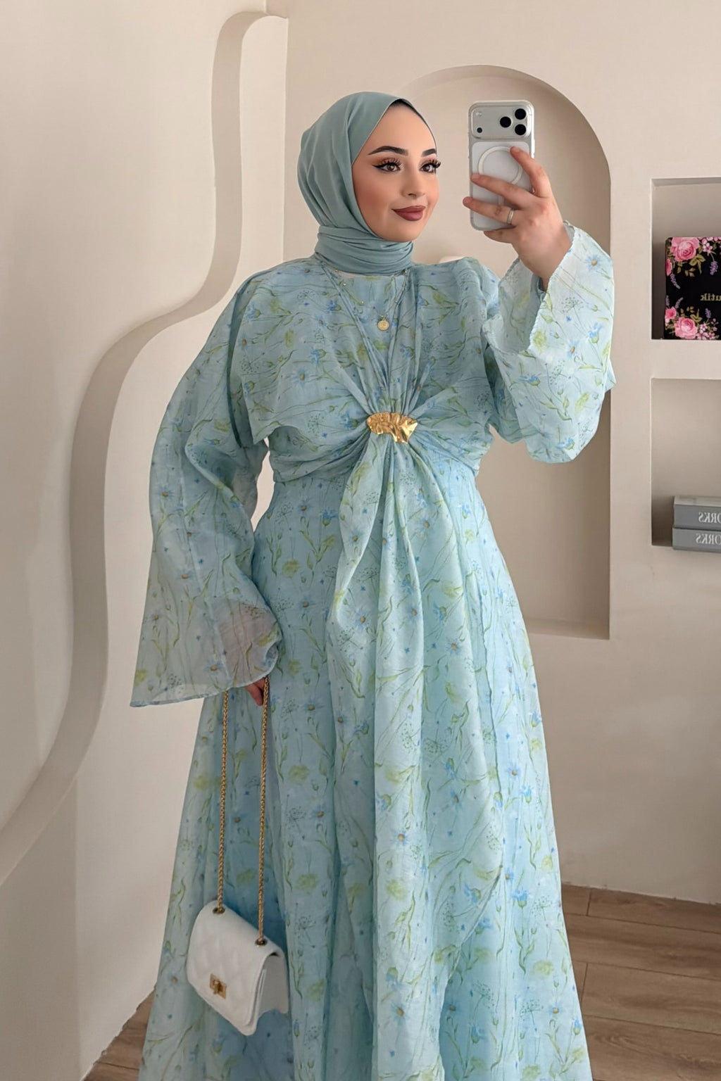 Zahra Botanical Twist Front Chiffon Midi Dress-Blue