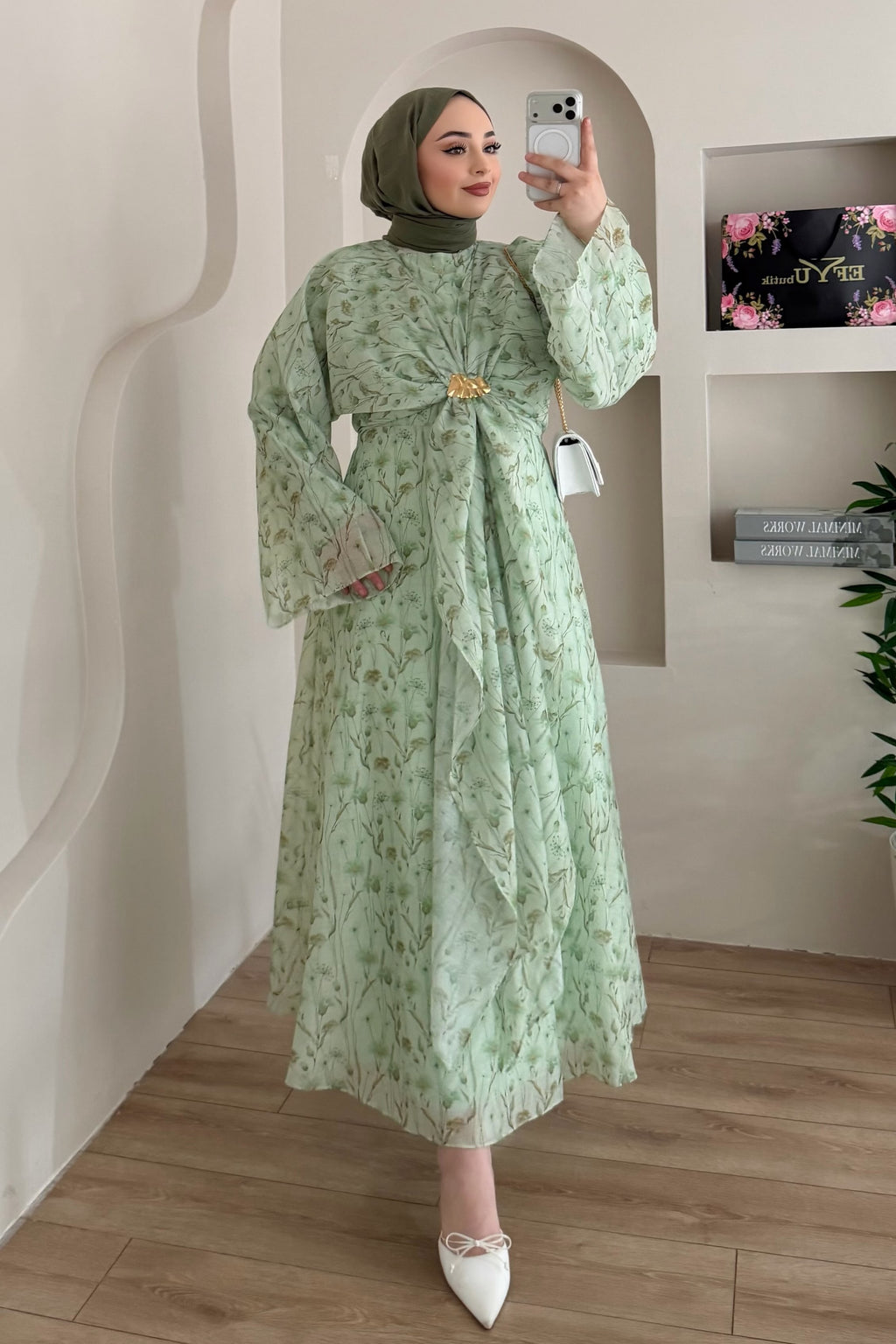 Zahra Botanical Twist Front Chiffon Midi Dress-Green