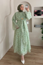 Zahra Botanical Twist Front Chiffon Midi Dress-Green