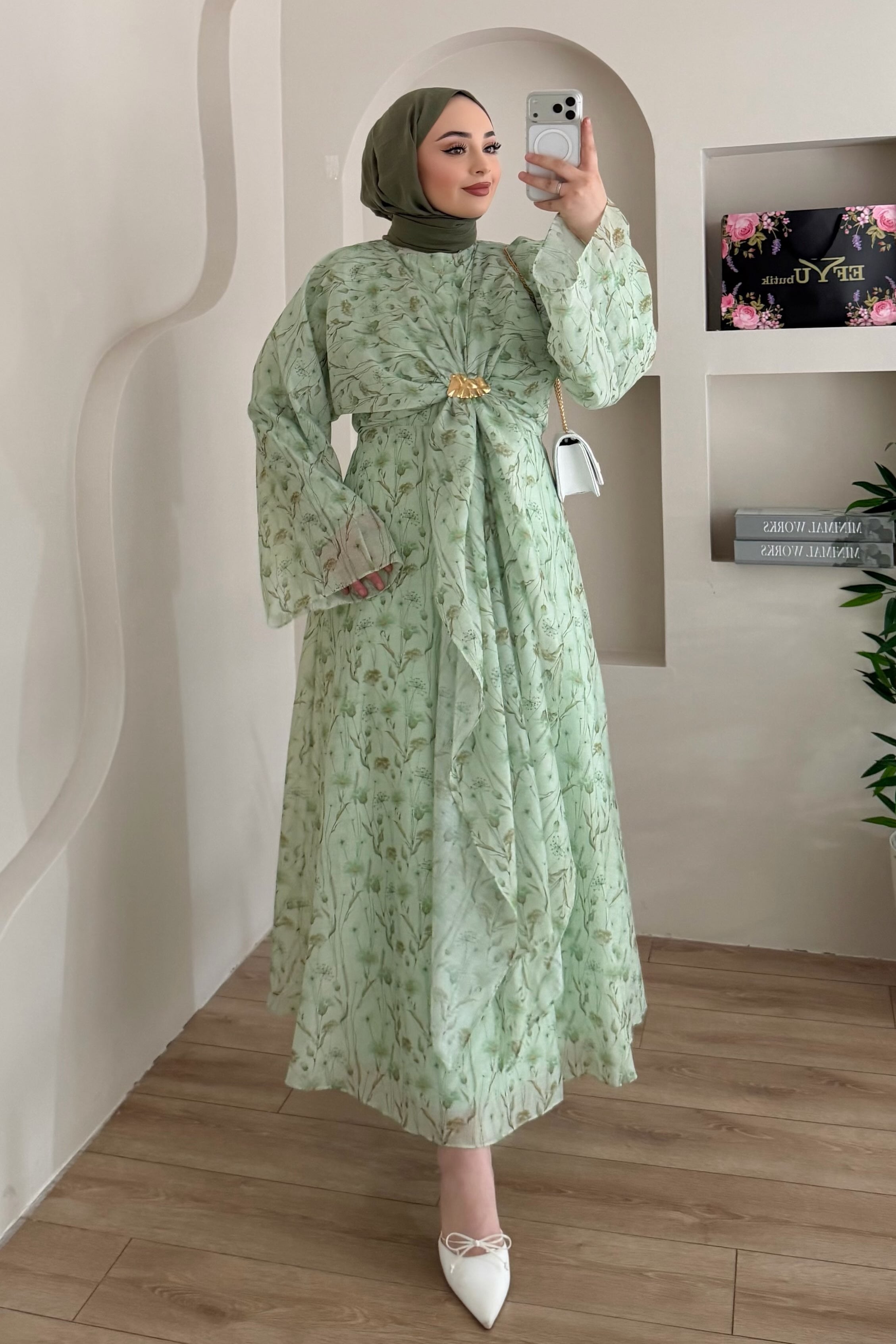 Zahra Botanical Twist Front Chiffon Midi Dress-Green