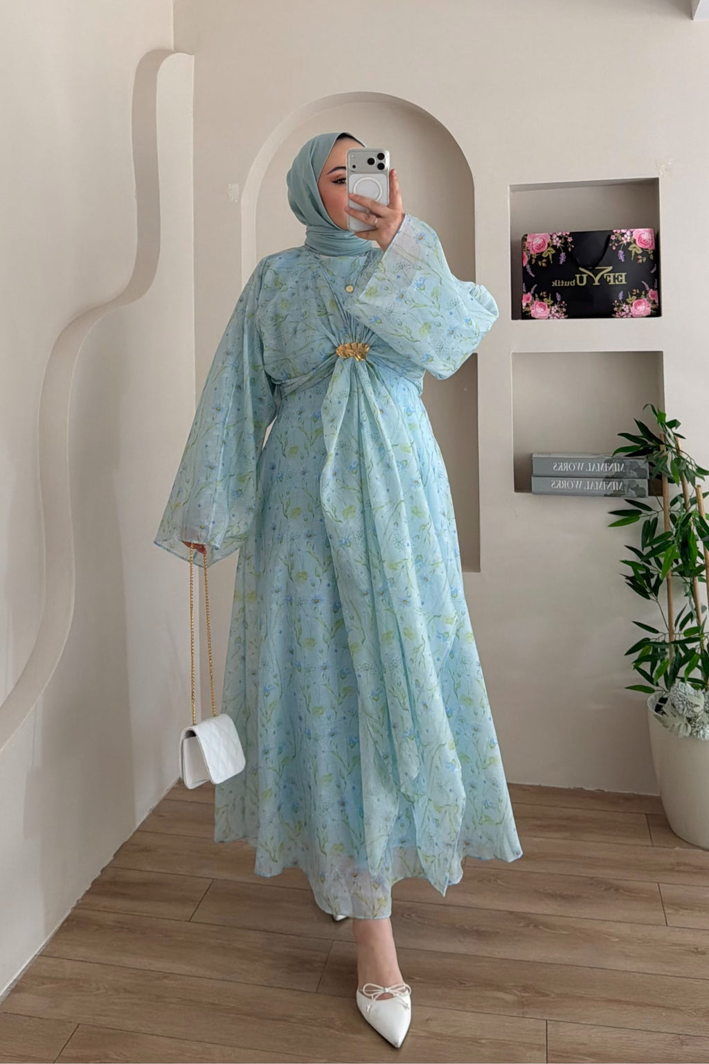 Zahra Botanical Twist Front Chiffon Midi Dress-Blue