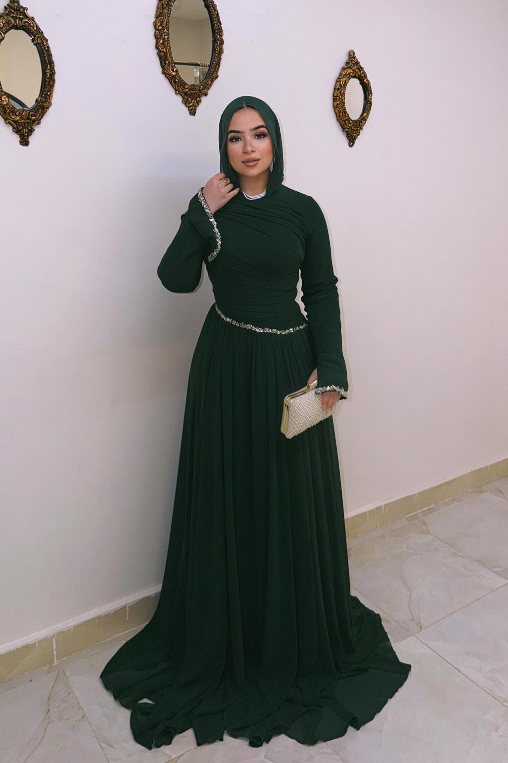 Hanin Draped Crystal Trim Maxi Dress
