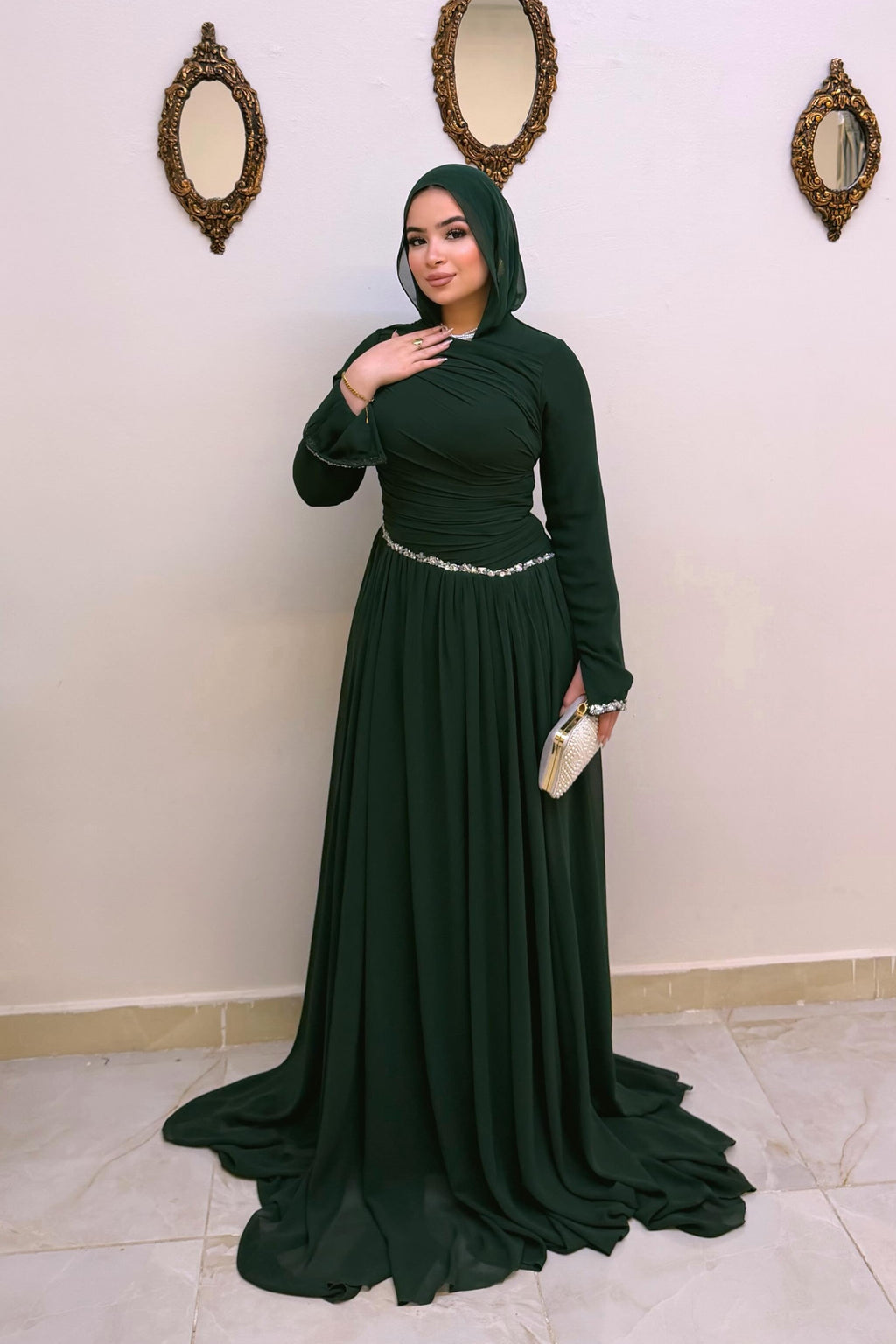 Hanin Draped Crystal Trim Maxi Dress