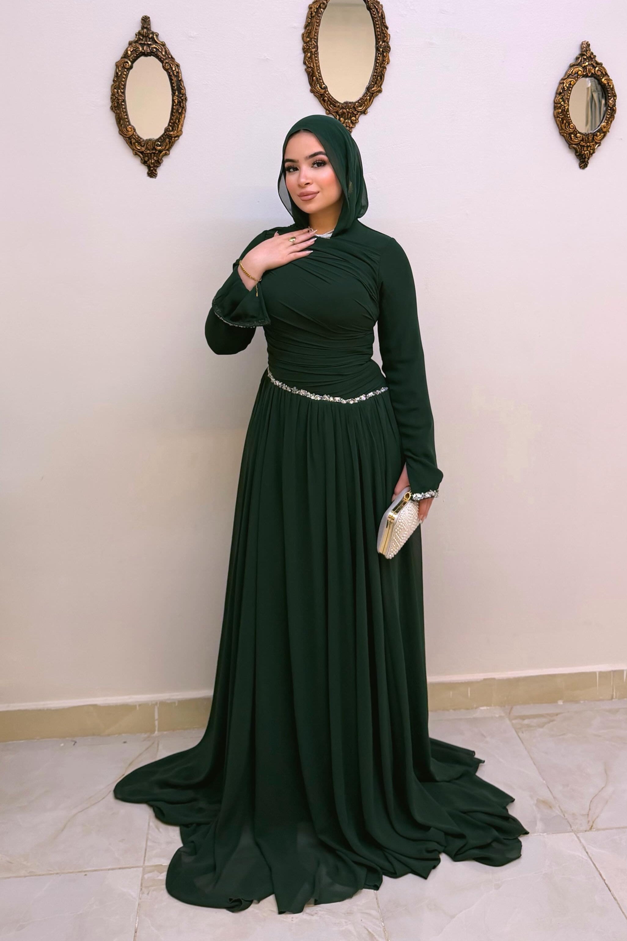 Hanin Draped Crystal Trim Maxi Dress