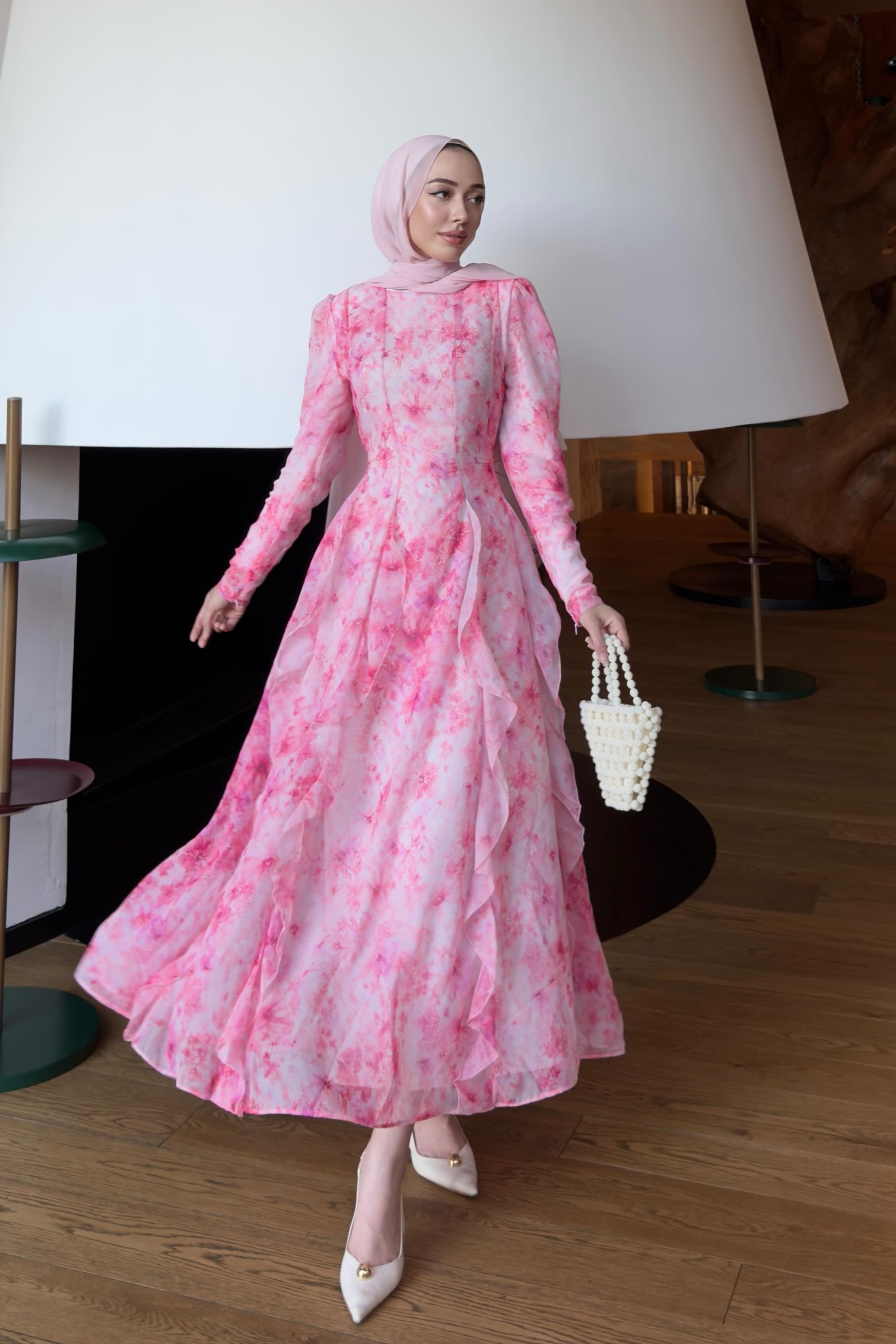 Maren Watercolor Ruffle Midi Dress-Pink