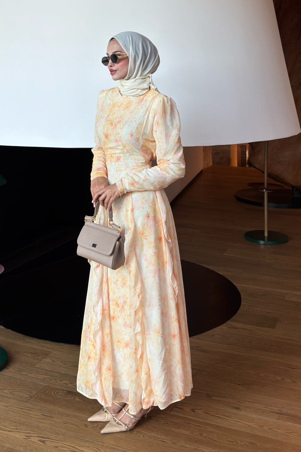 Maren Watercolor Ruffle Midi Dress-Yellow