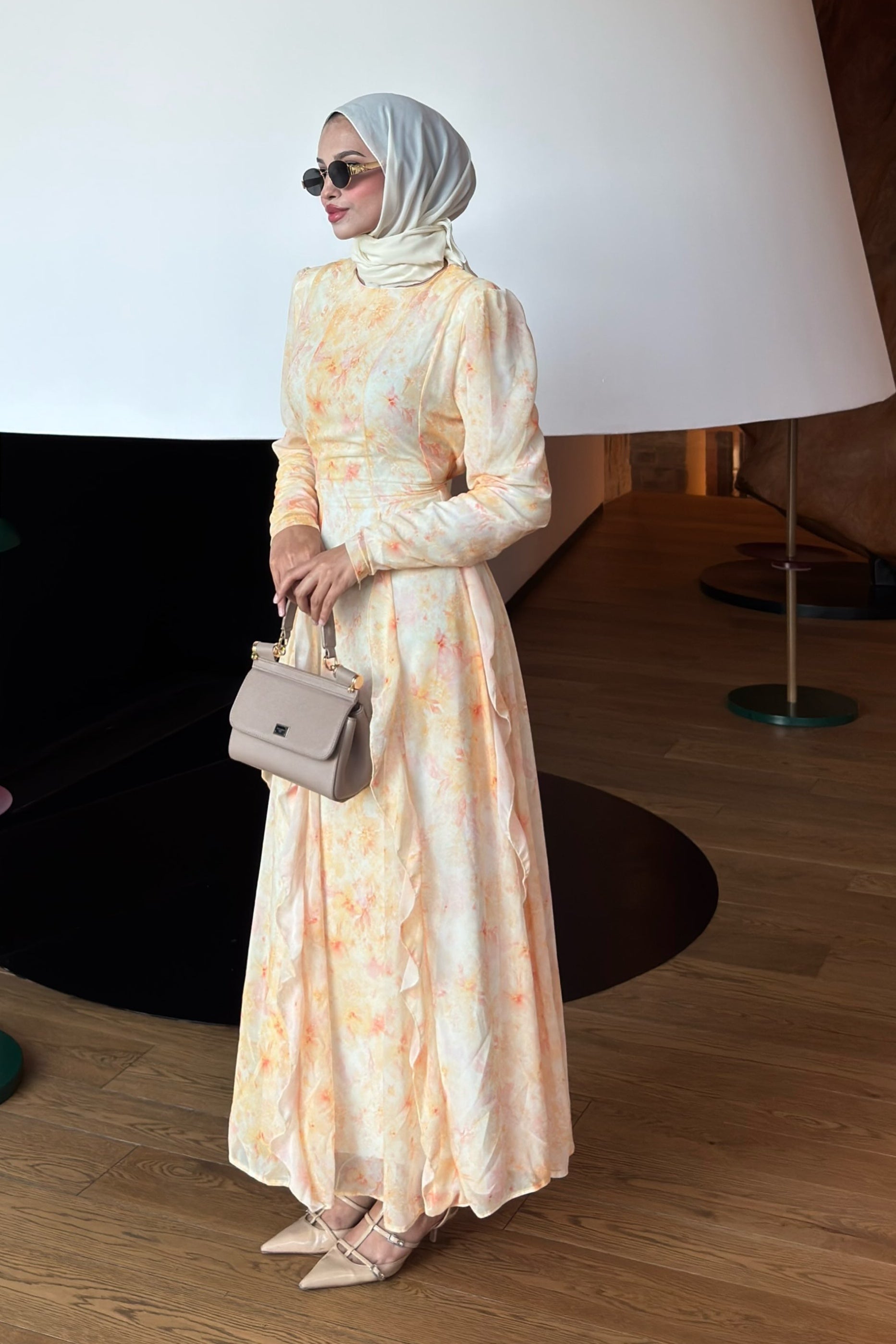 Maren Watercolor Ruffle Midi Dress-Yellow