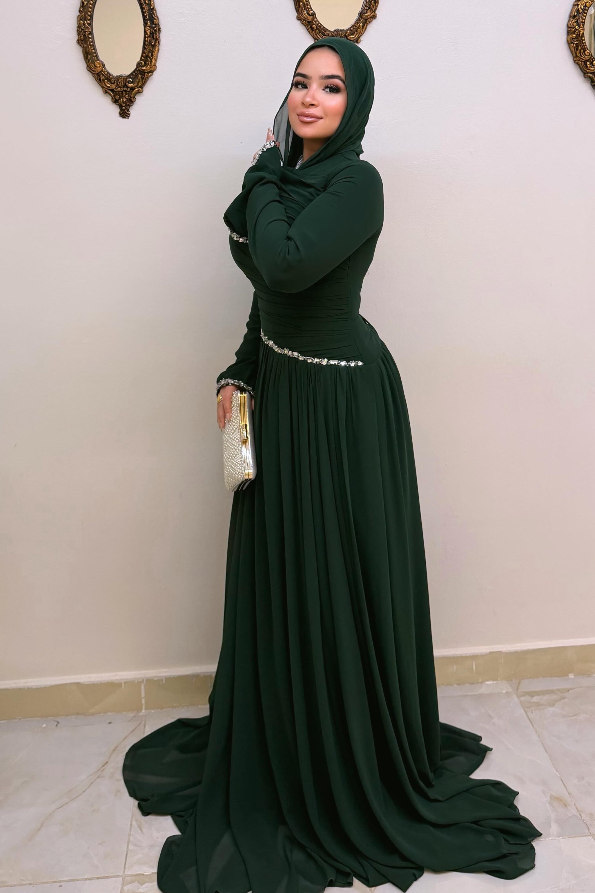 Hanin Draped Crystal Trim Maxi Dress