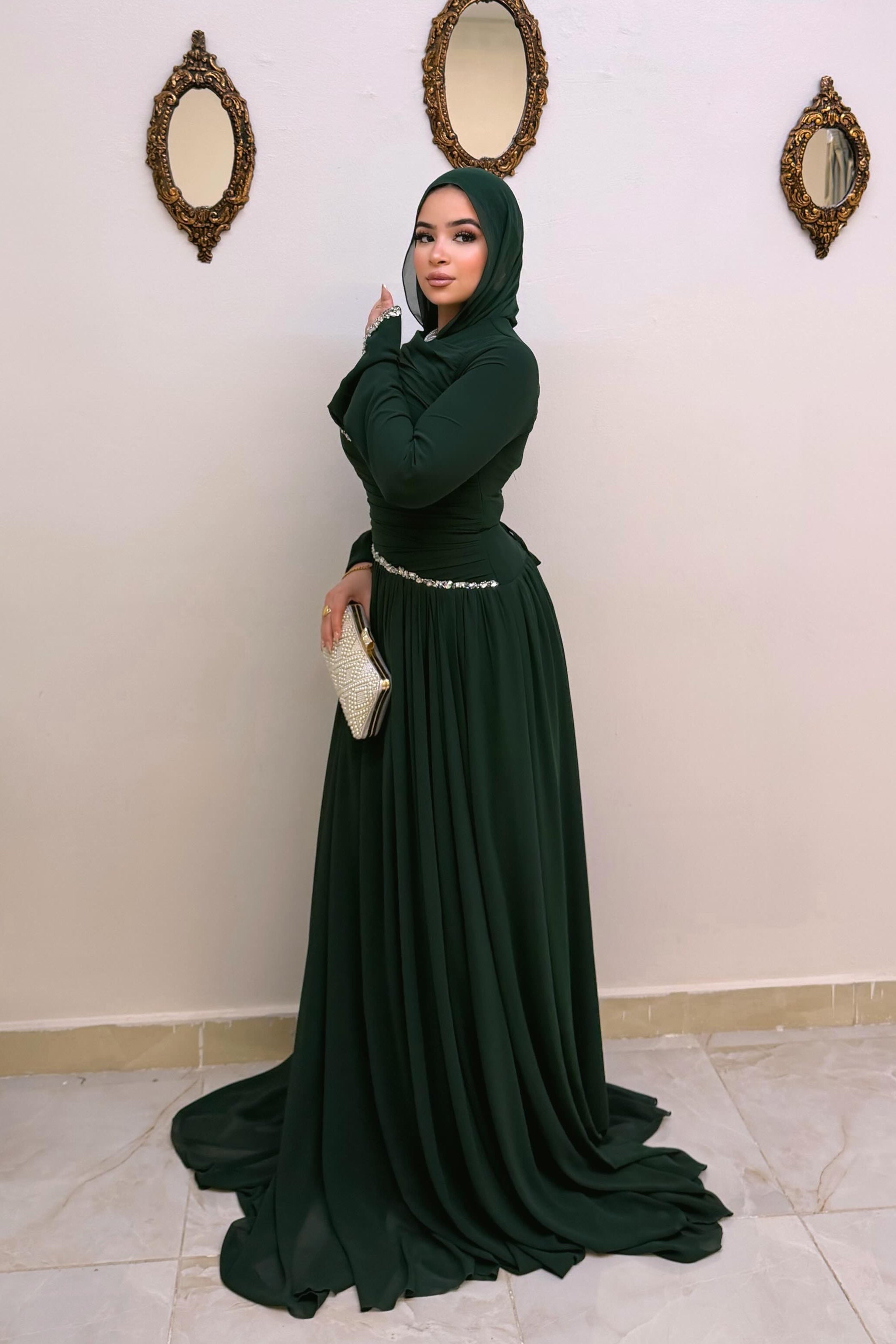 Hanin Draped Crystal Trim Maxi Dress