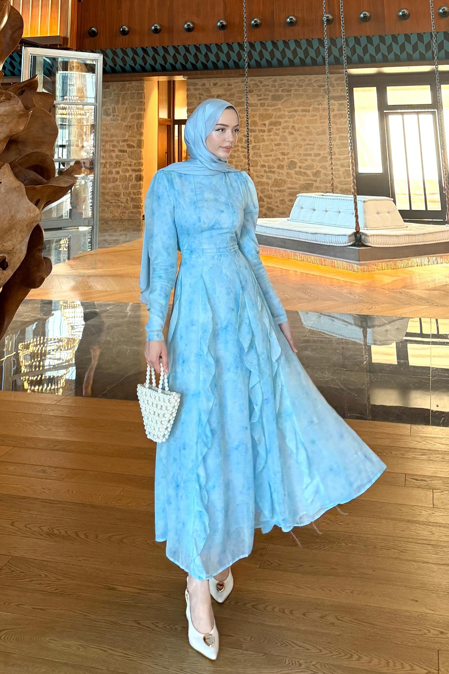Maren Watercolor Ruffle Midi Dress-Blue