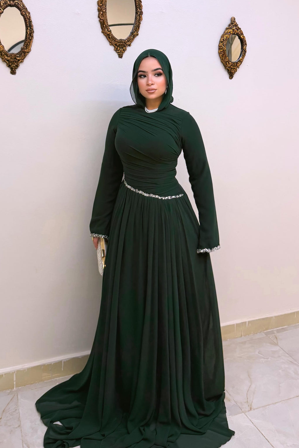 Hanin Draped Crystal Trim Maxi Dress