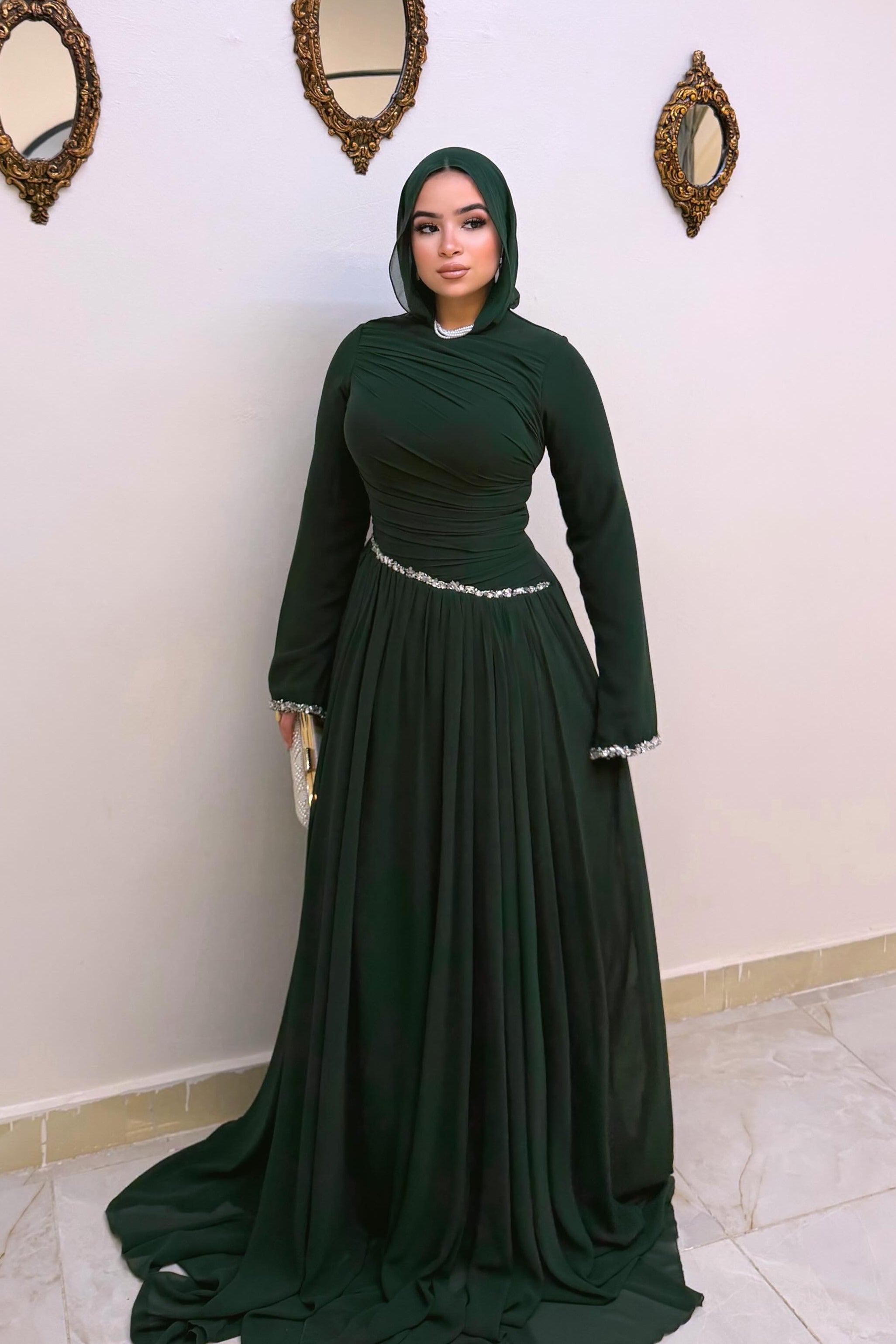 Hanin Draped Crystal Trim Maxi Dress