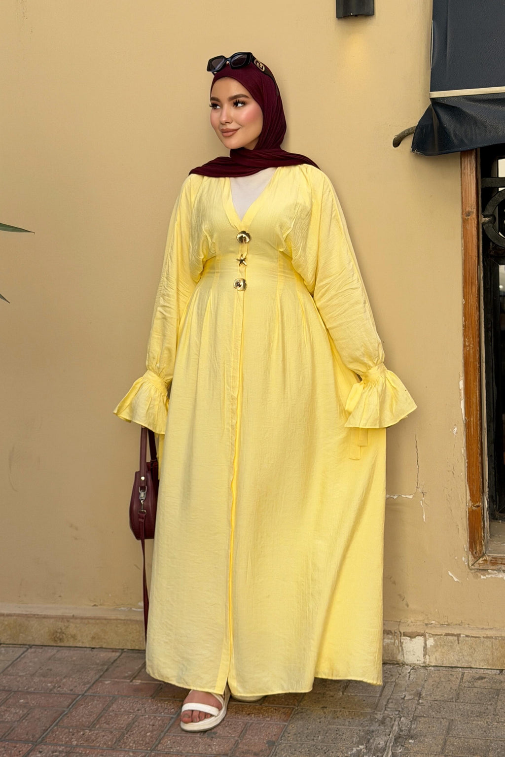 Amina V Neck Button Flare Cuff Maxi Abaya