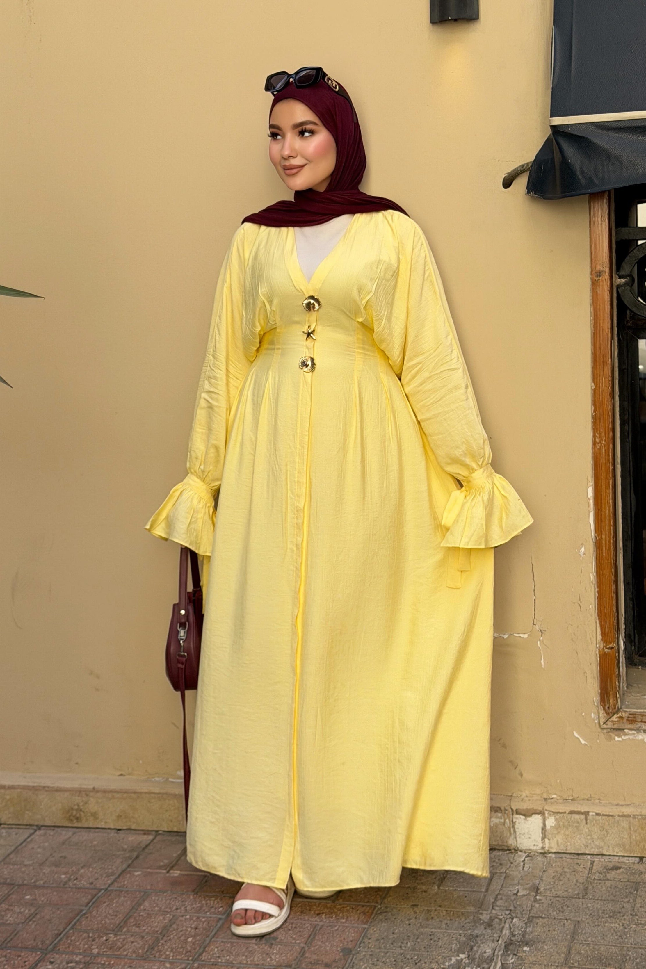 Amina V Neck Button Flare Cuff Maxi Abaya