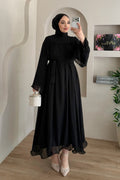 Mia Gathered Chiffon Belted Flare Maxi Dress-Black