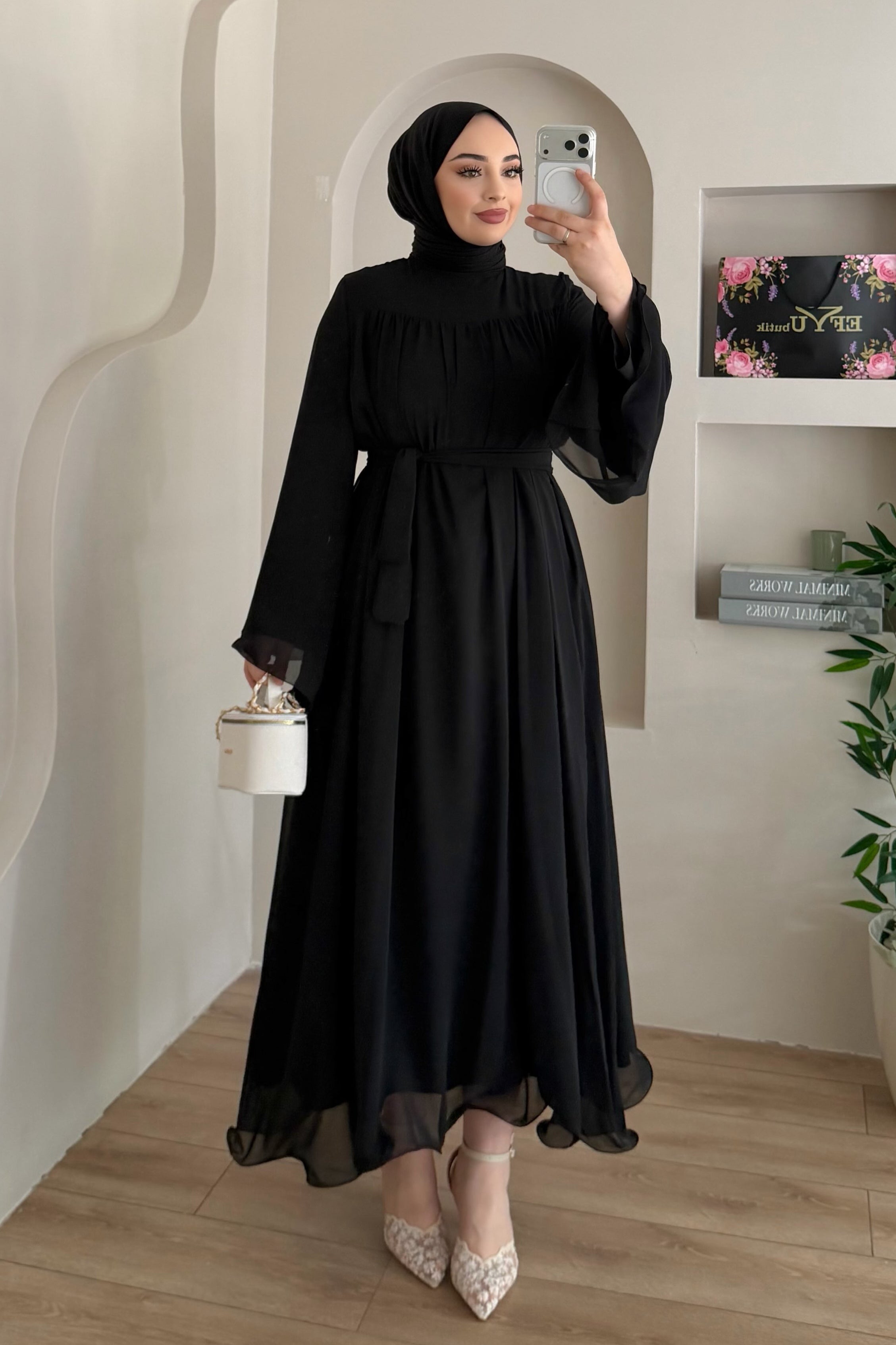 Mia Gathered Chiffon Belted Flare Maxi Dress-Black