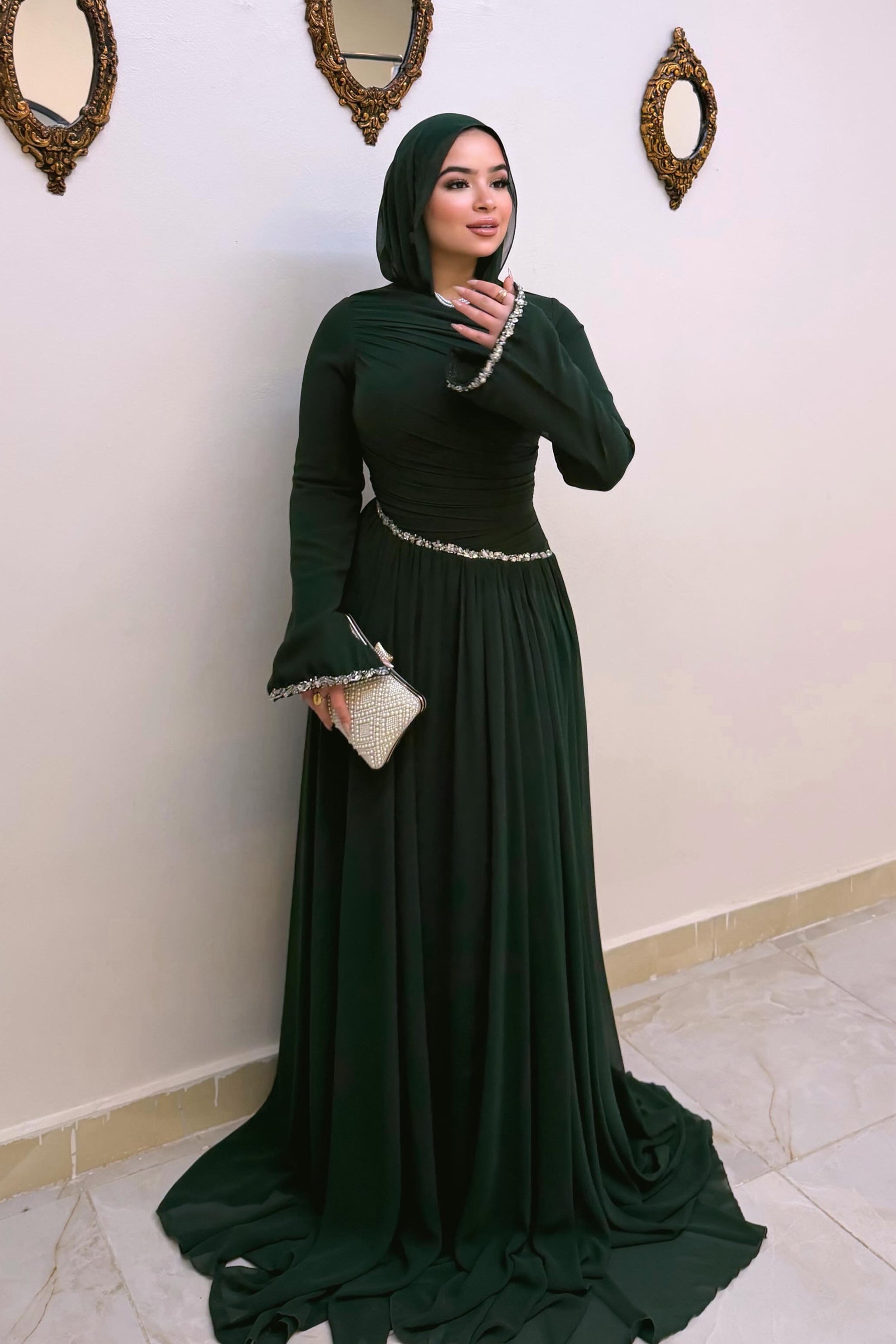 Hanin Draped Crystal Trim Maxi Dress