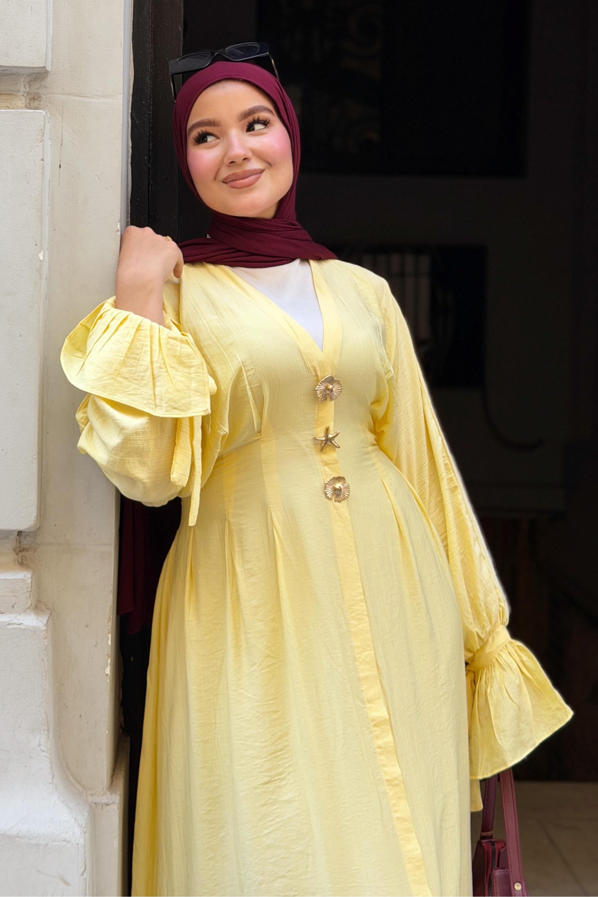 Amina V Neck Button Flare Cuff Maxi Abaya