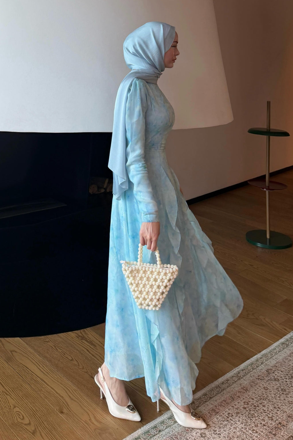 Maren Watercolor Ruffle Midi Dress-Blue