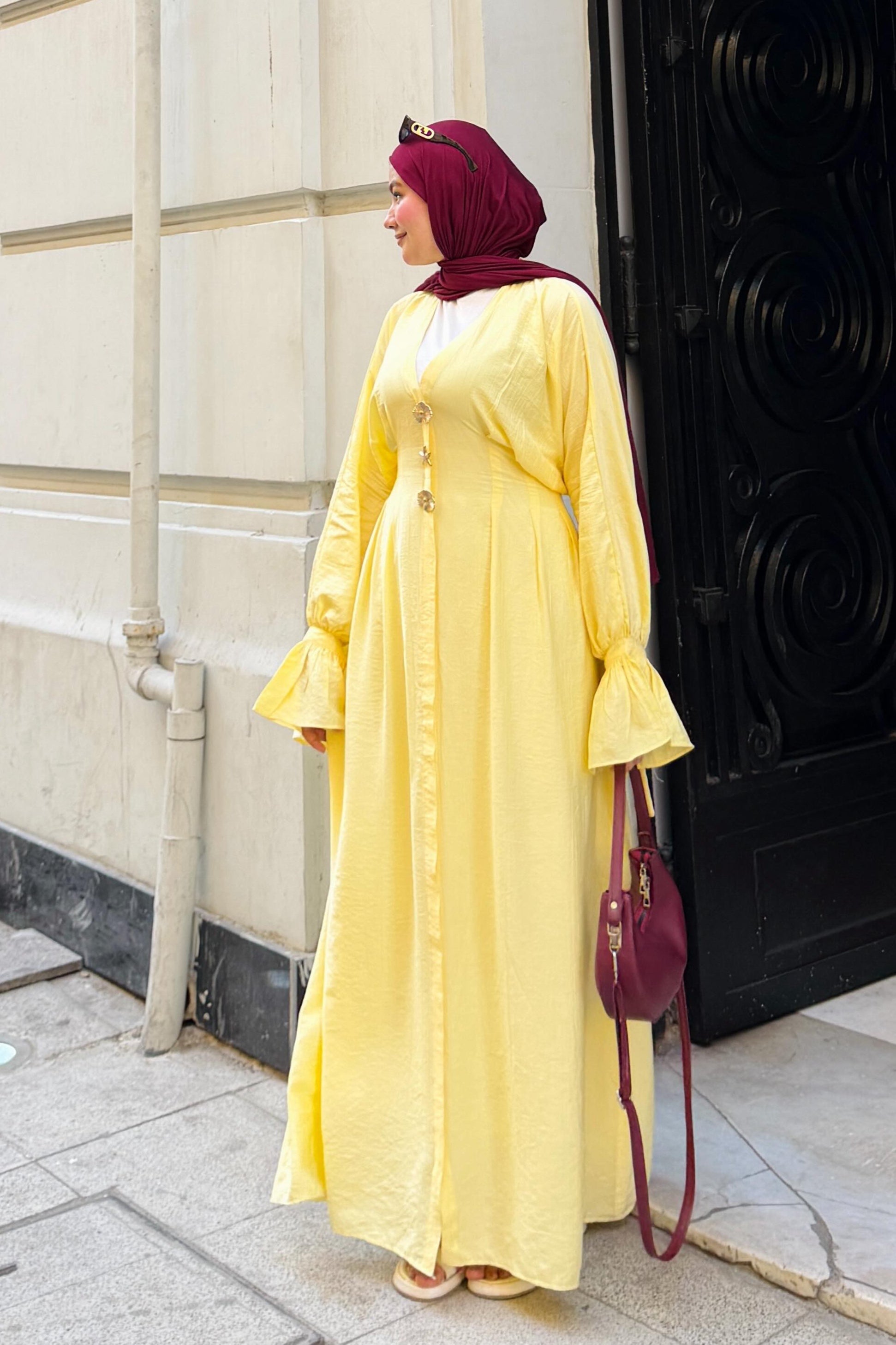 Amina V Neck Button Flare Cuff Maxi Abaya